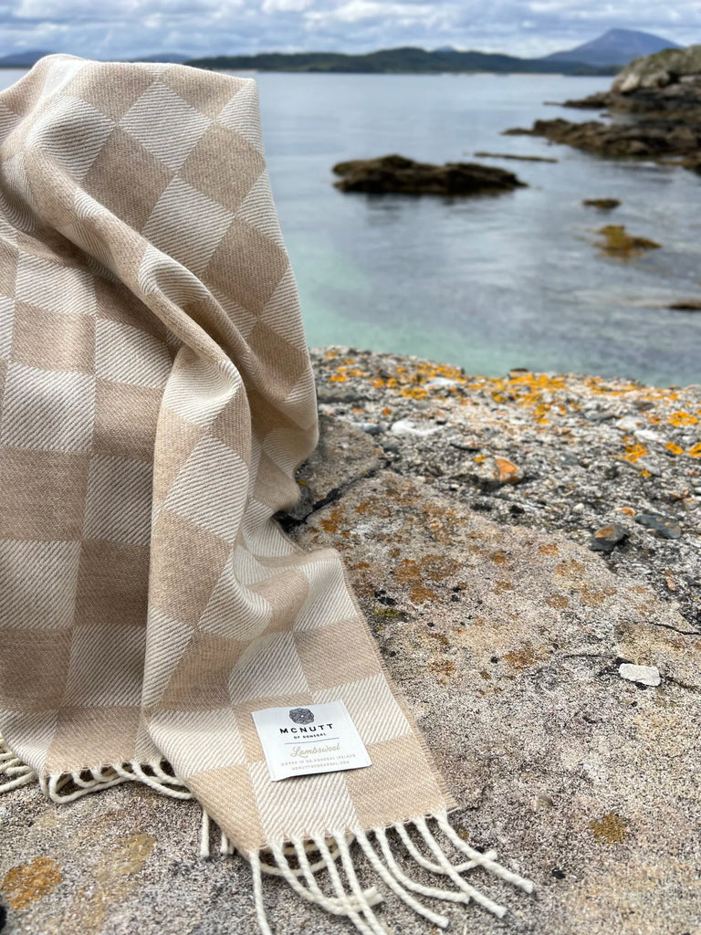 Beige checkered blanket with fringes on a rocky shoreline with water and mountains in the background.