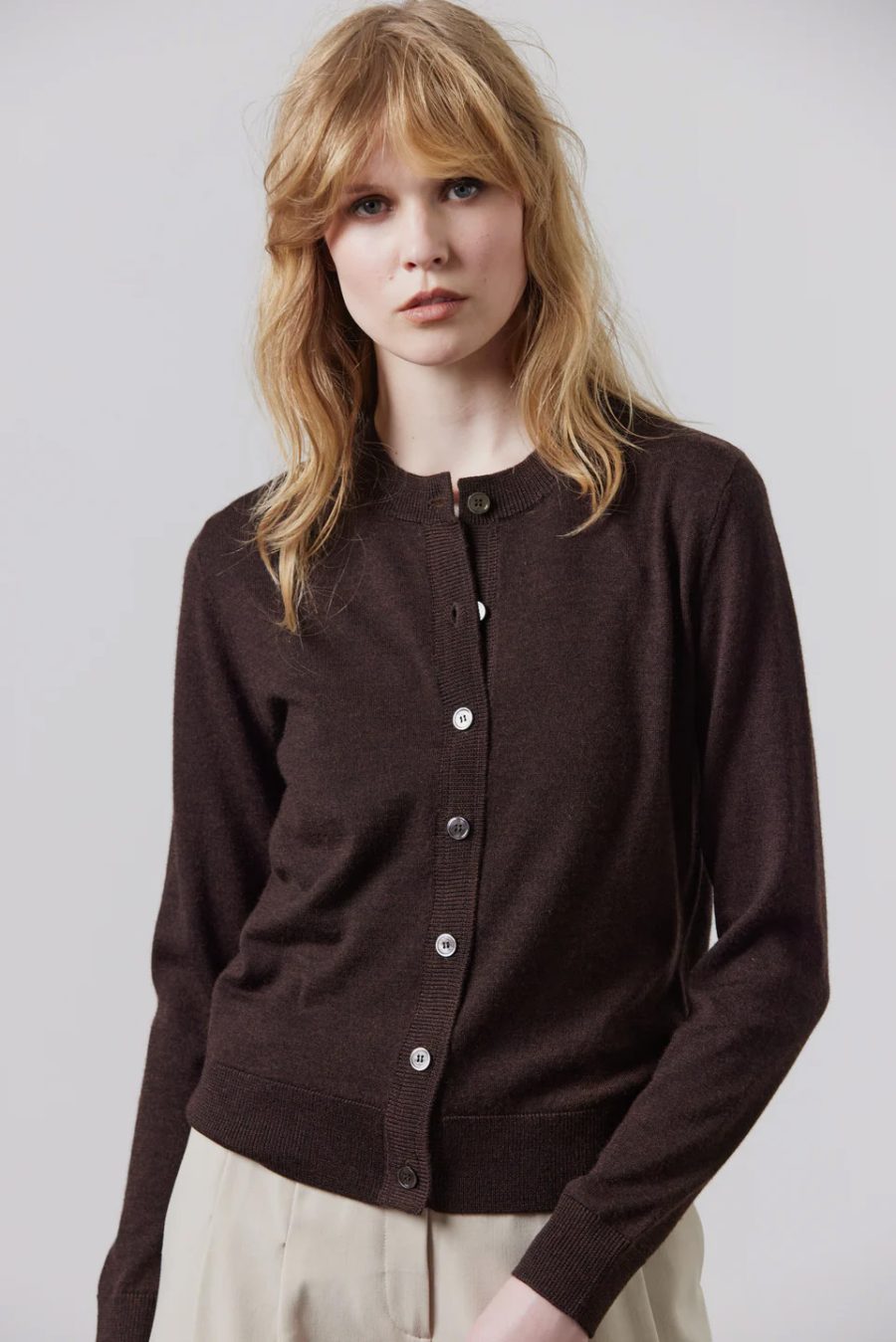 Laing Sylvia merino cash-feel cardigan in chocolate