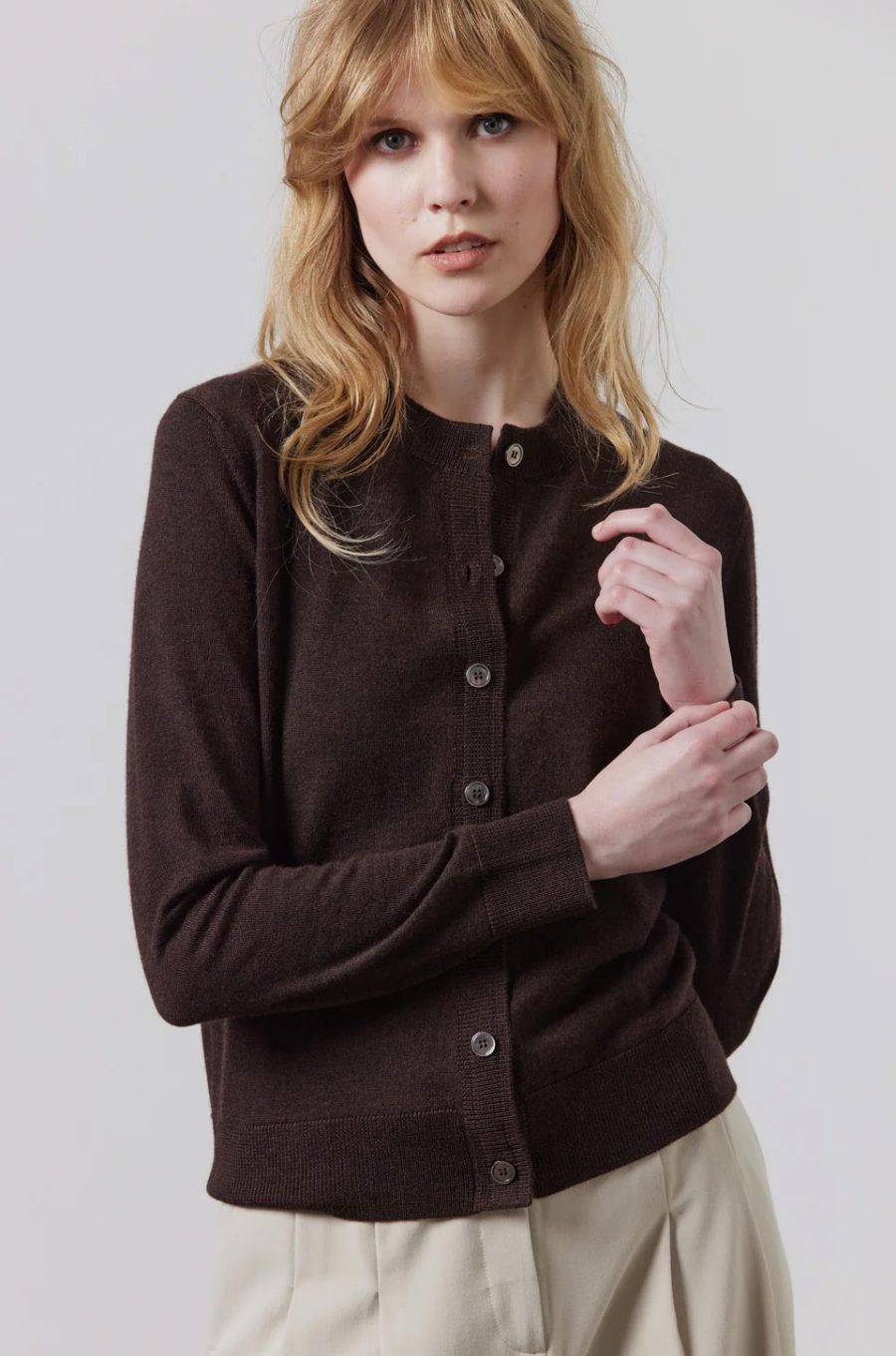 Laing Sylvia merino cash-feel cardigan in chocolate