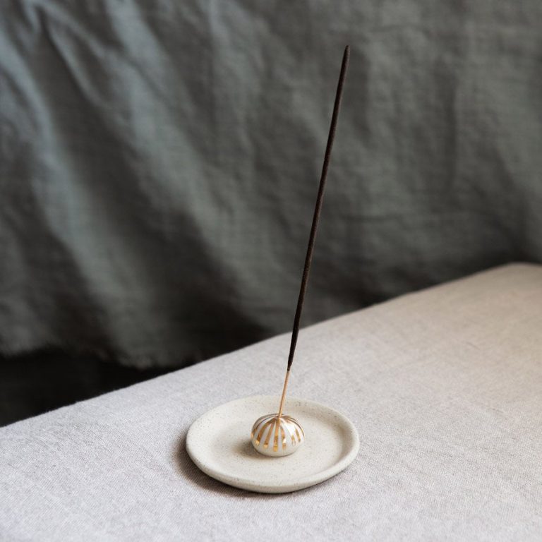 kim wallace ceramic incense holder with gold lines