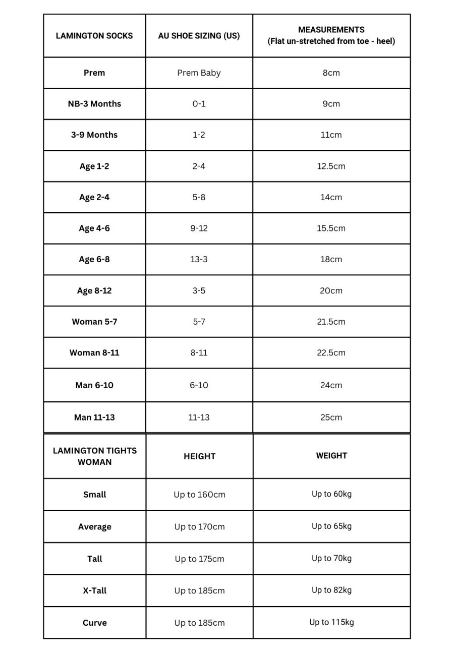 lamington socks size chart