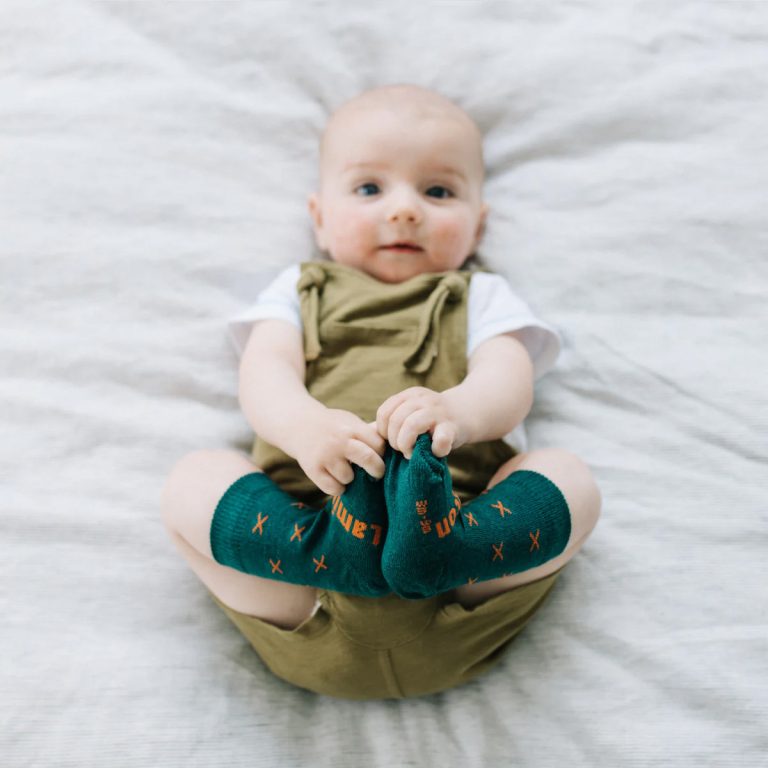 lamington wanaka baby merino wool crew socks green orange