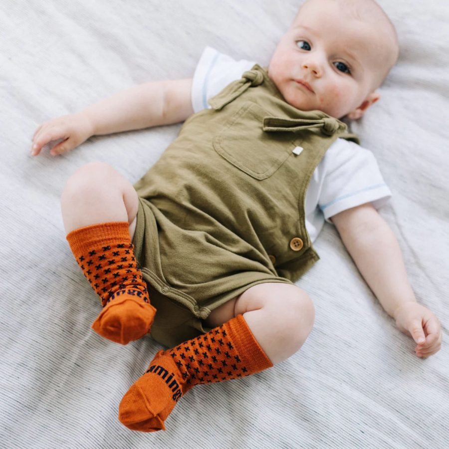 lamington harvest baby merino wool crew socks orange navy